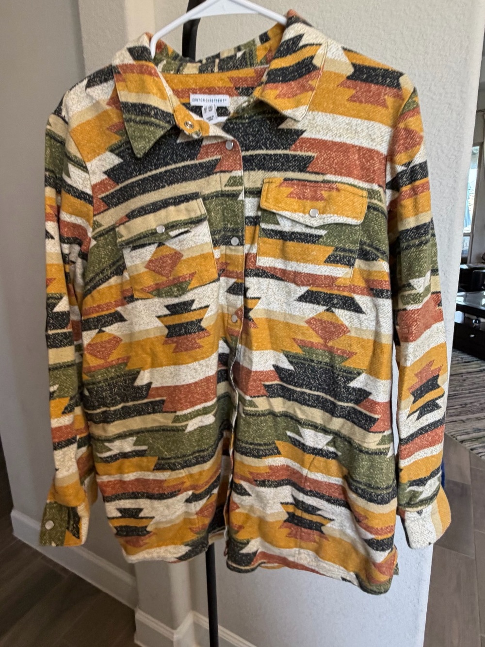 Canyon Retreat Button-Down Aztec Print Shirt Shacket in Mustard, Olive & Rust L